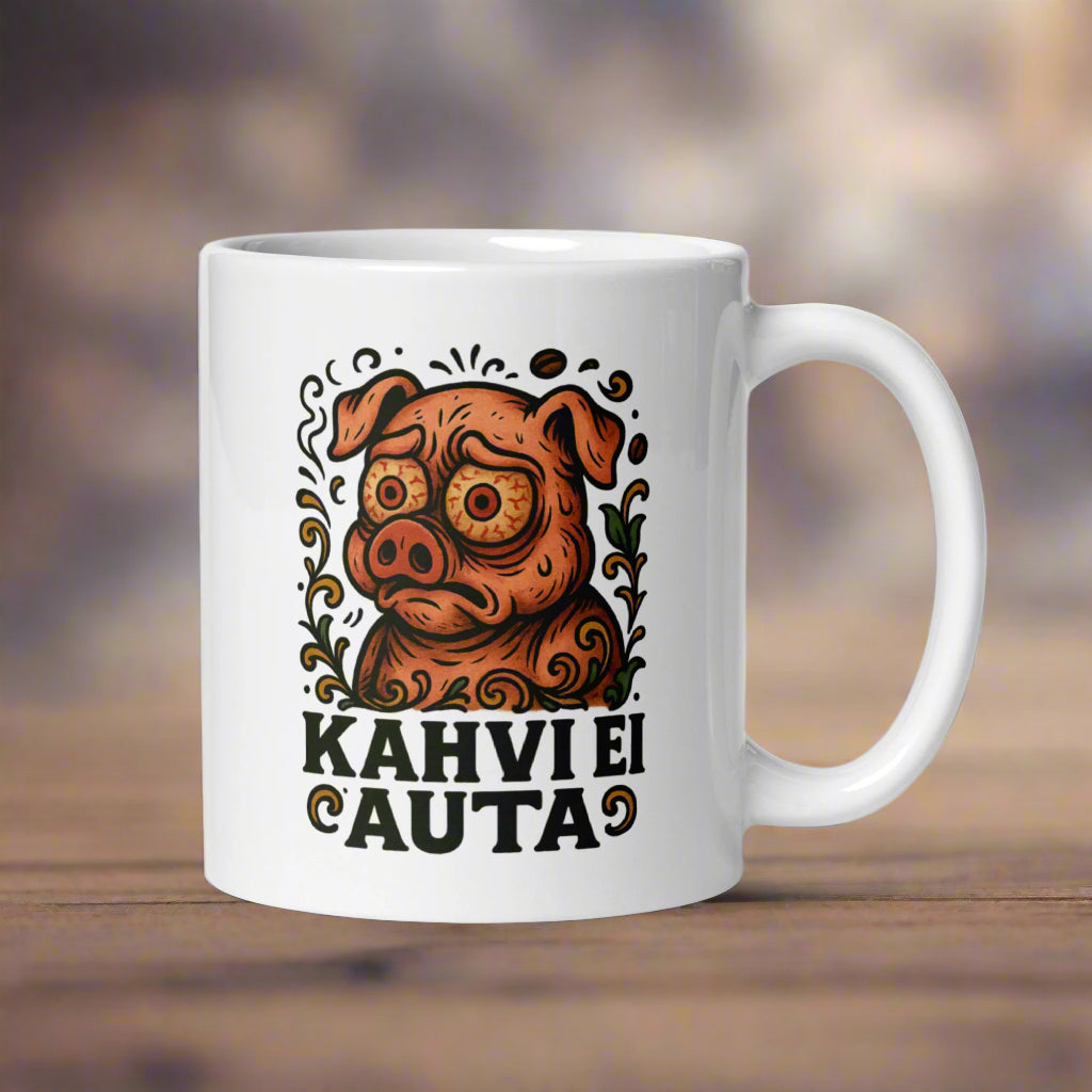 Hauska kahvimuki, jossa on koiran kuva ja teksti Kahvi ei auta, Meemirotta