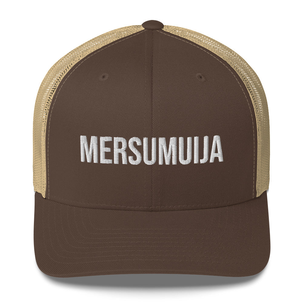 Hauska lippis Mersumuija-mallilla, ruskea ja vaaleanruskea verkkomateriaali