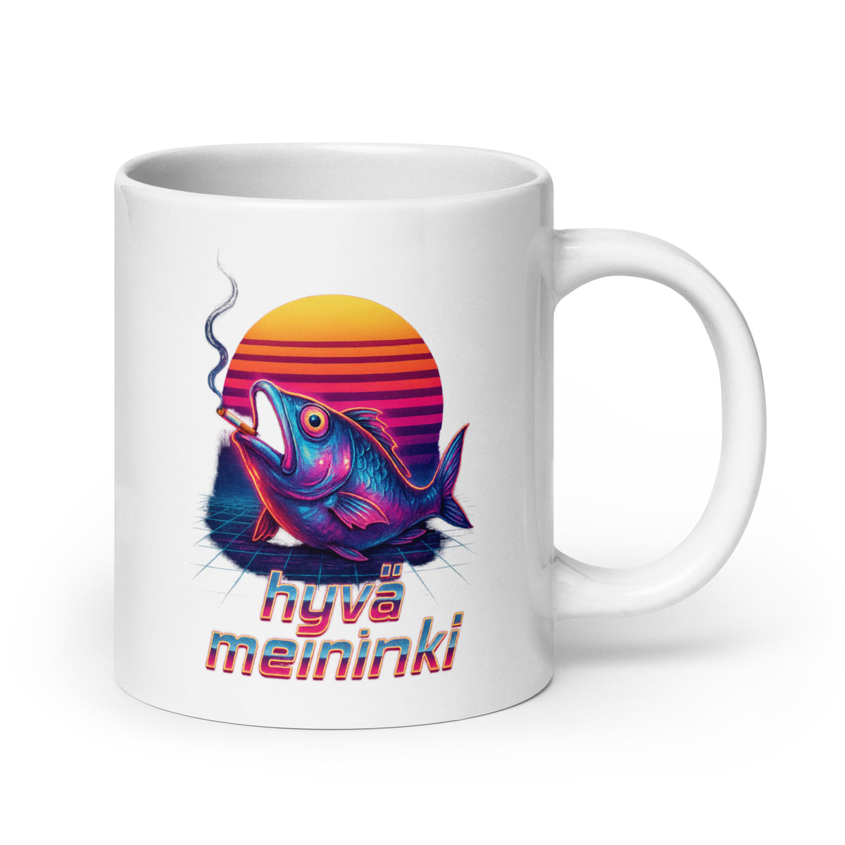 Hauska muki hyvää meininkiä esittävällä kalakuviolla ja värikkäällä taustalla
