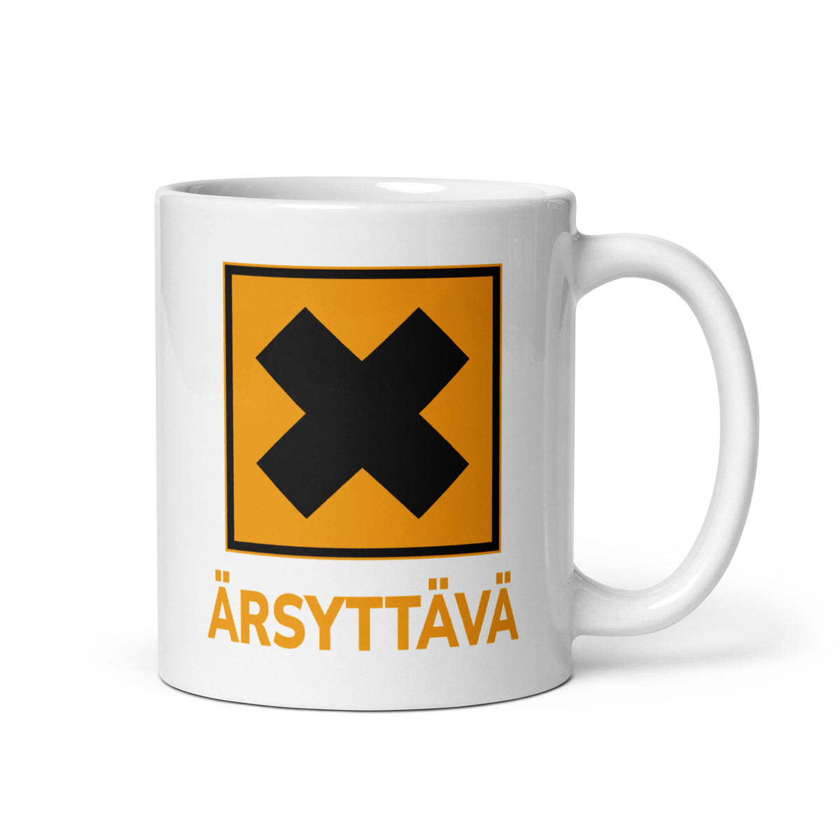 Hauska muki lahjaksi, jossa on ärsyttävä symboli ja keltainen tausta.