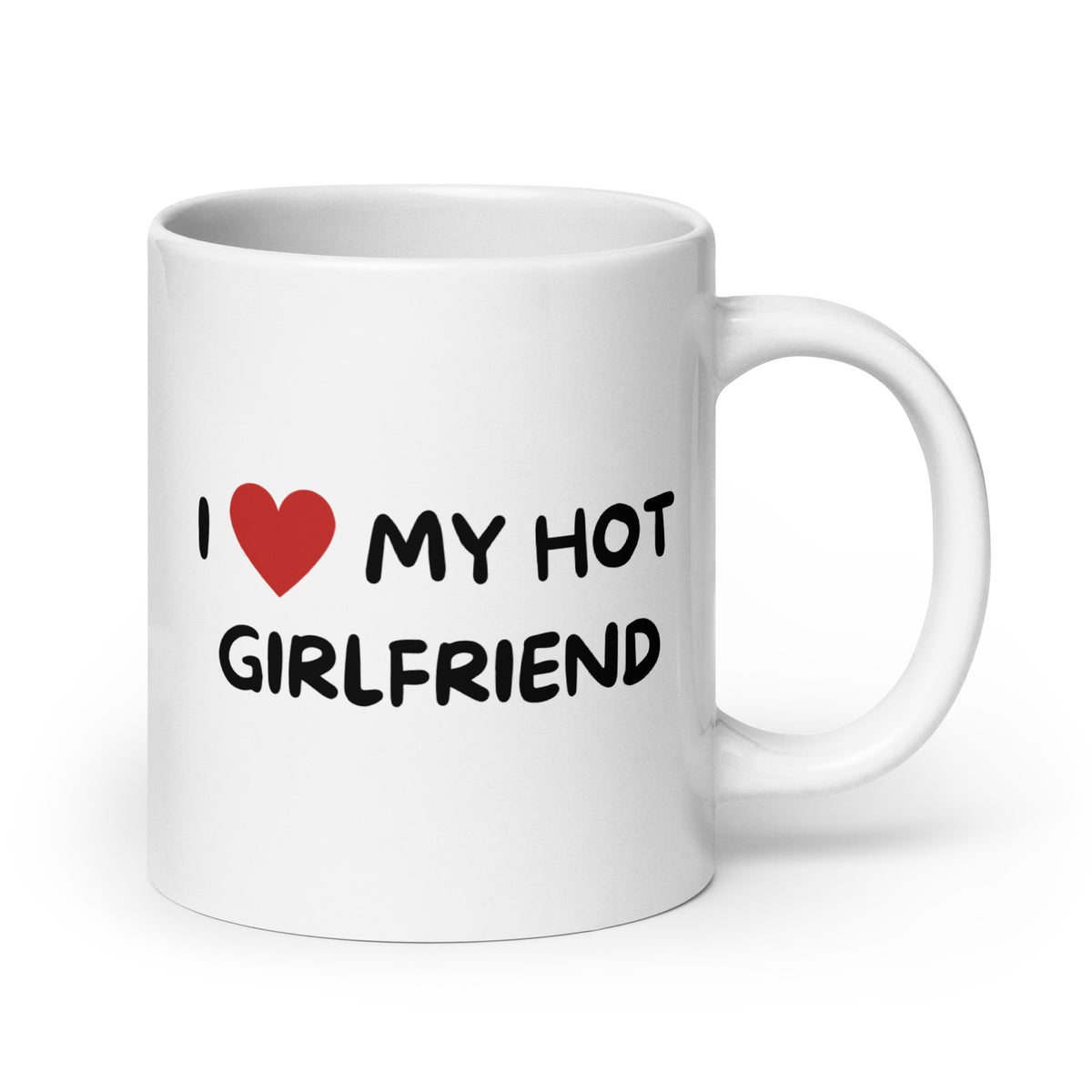 Hauska muki lahjaksi, jossa teksti 'I love my hot girlfriend' tyylikkäällä fontilla