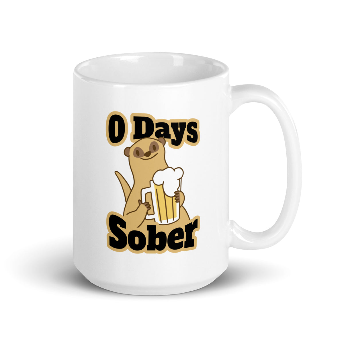 Hauska muki lahjaksi, jossa on iloinen maaeläin ja teksti 0 Days Sober