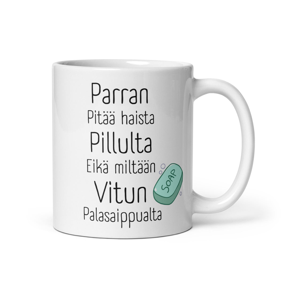 Hauska muki lahjaksi, jossa humoristinen teksti saippuasta ja parrasta Meemirotta-brändiltä
