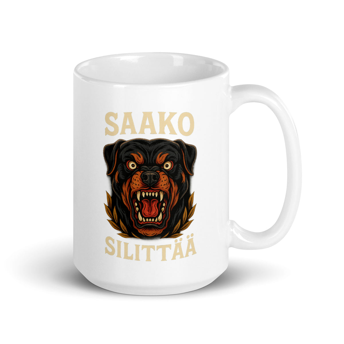 Hauska muki lahjaksi, jossa pelottava rottweiler ja teksti Saako Silittää