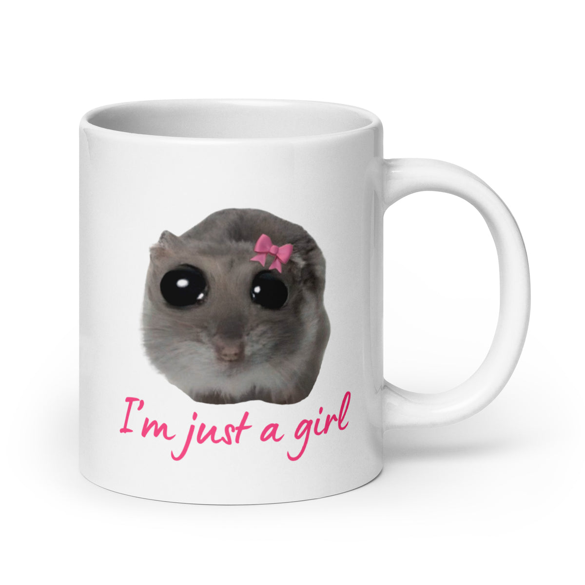 Hauska muki lahjaksi, jossa on hassu hiiren kuva ja teksti I'm just a girl