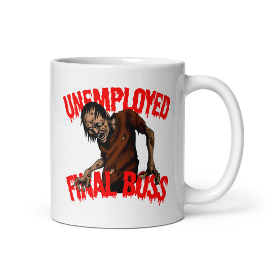 Hauska muki lahjaksi missä on pelottava zombie ja teksti Unemployed Final Boss