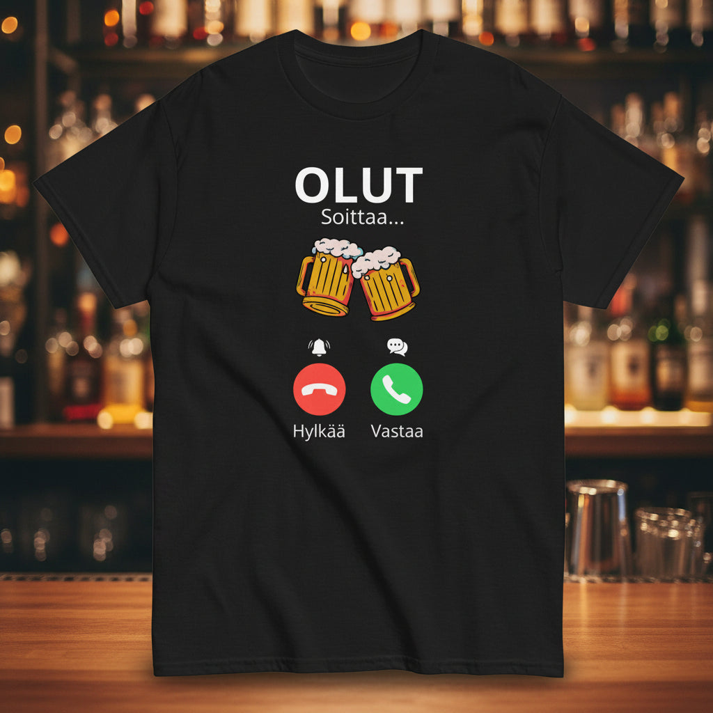 Hauska olut t-paita mustalla taustalla, jossa olutpullot ja tekstiviestit