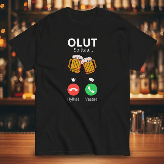 Hauska olut t-paita mustalla taustalla, jossa olutpullot ja tekstiviestit