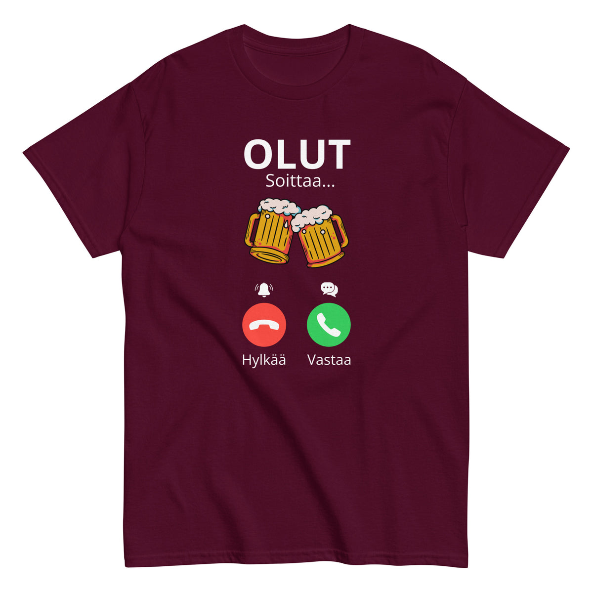 Hauska olut t-paita punaisella taustalla, jossa olutkannuja ja tekstiviestejä.