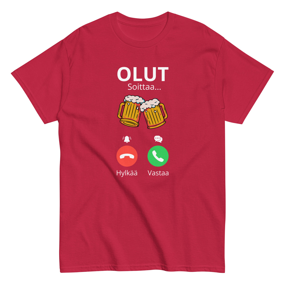 Hauska olut t-paita punaisella värillä, jossa olutmukit ja puhelinikonit