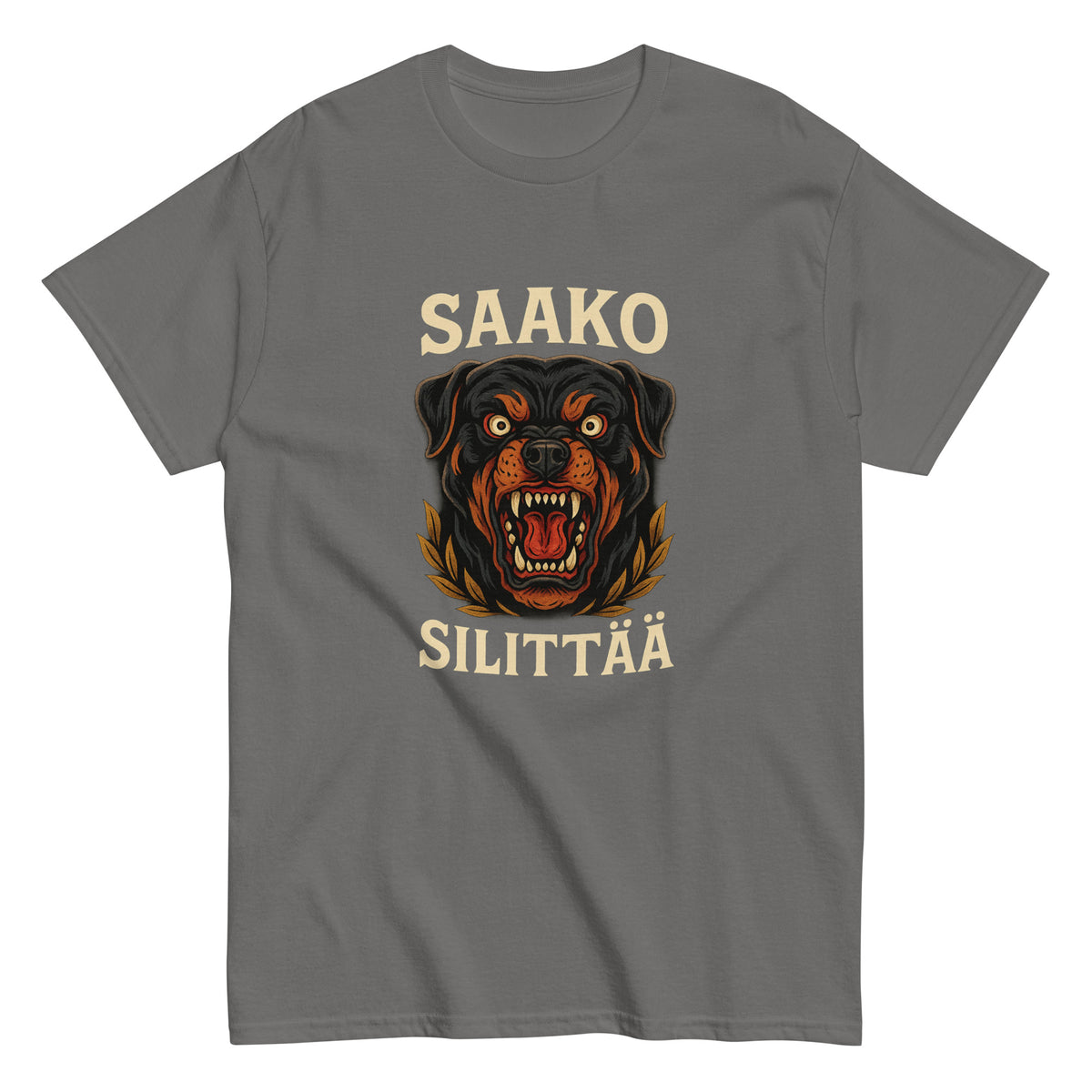 Hauska paita, jossa on uhkaava rottweilerin kuva ja teksti Saako Silittää