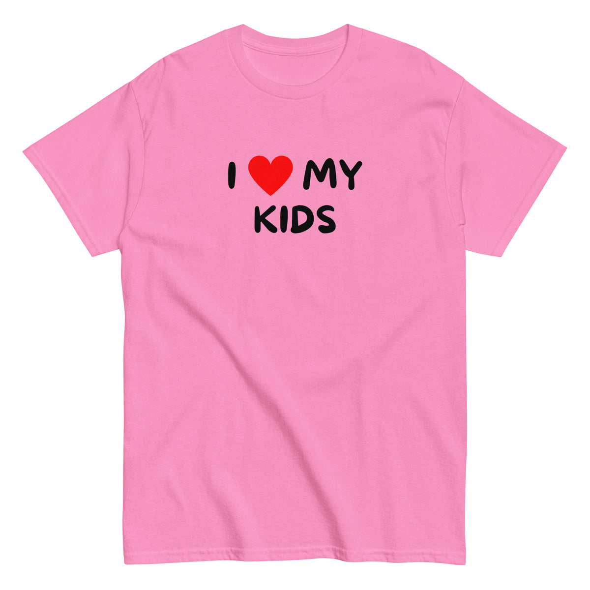 Vaaleanpunainen hauska paita, jossa teksti I love my kids erottuvalla fontilla