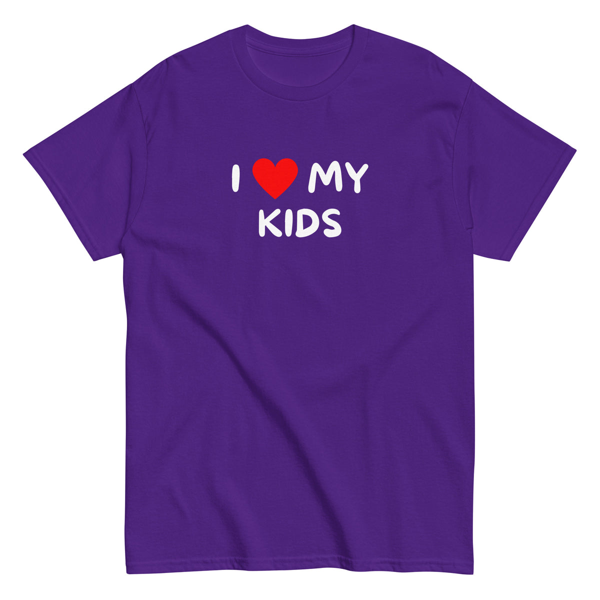 Violetti hauska paita, jossa teksti I love my kids valkoisella ja punaisella