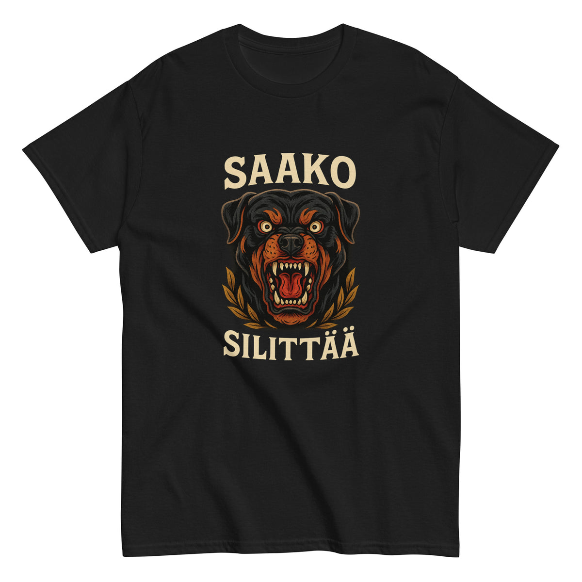 Hauska paita mustalla taustalla, jossa Rottweilerin kuva ja teksti Saako silittää