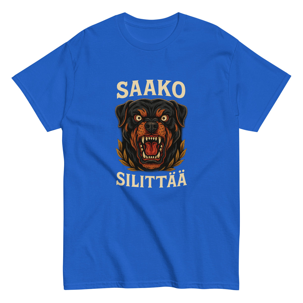 Meemirotta hauska paita sinisessä värissä, jossa pelottava rottweiler-kissakuvaus