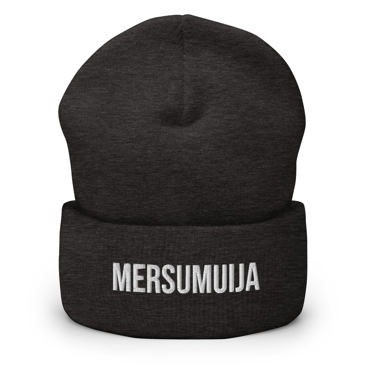 Meemirotta musta pipo, jossa on brodeerattu teksti MERSUMUIJA, hauska pipo käytettäväksi talvella