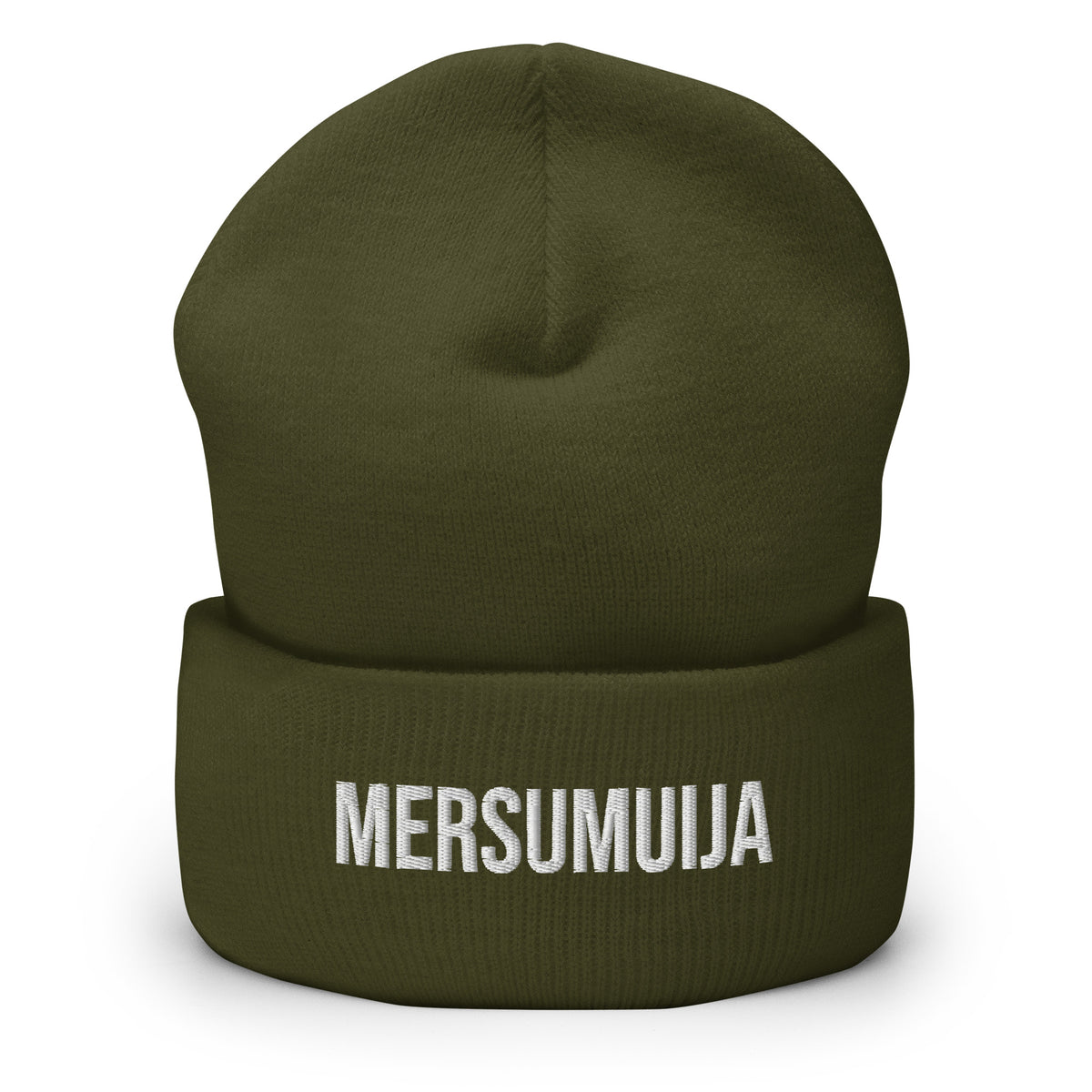Meemirotta hauska pipo Mersumuija-tekstillä oliivinvihreänä muotitietoiseen tyyliin