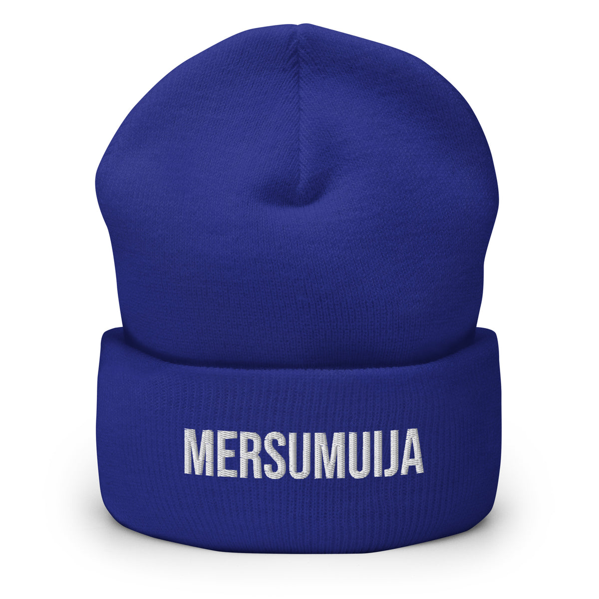 Sininen hauska pipo, jossa on valkoinen Mersumuija-teksti edessä