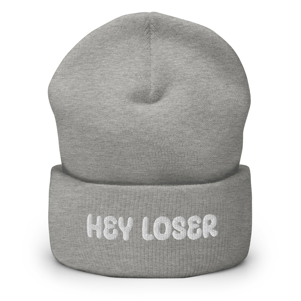 Harmaa hauska pipo tekstillä 'HEY LOSER', mukava ja trendikäs lisä asusteisiin