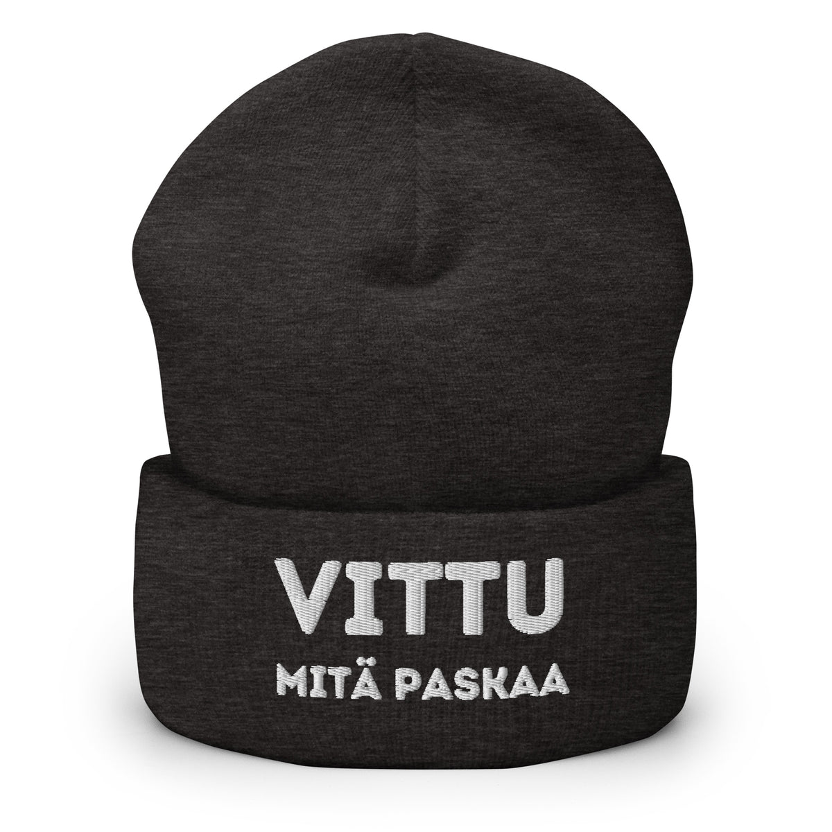 Hauska pipo tekstillä VITTU MITÄ PASKAA mustassa värissä Meemirotta brändiltä