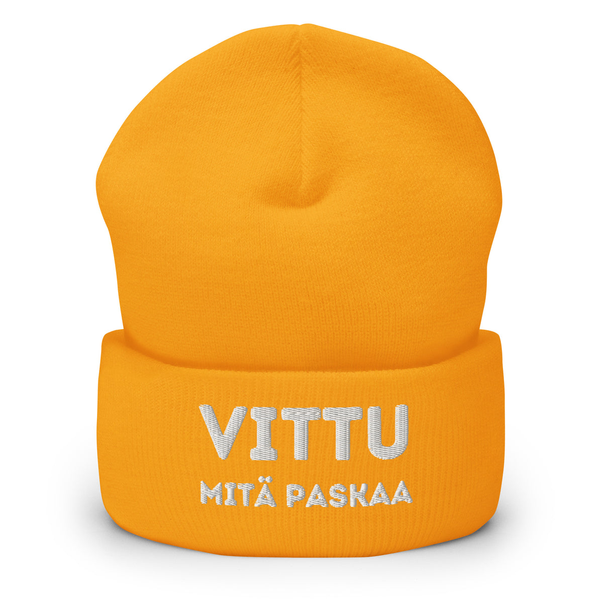Hauska pipo tekstillä 'VITTU MITÄ PASKAA' kirkkaan keltaisena Meemirotta-tuotemerkiltä