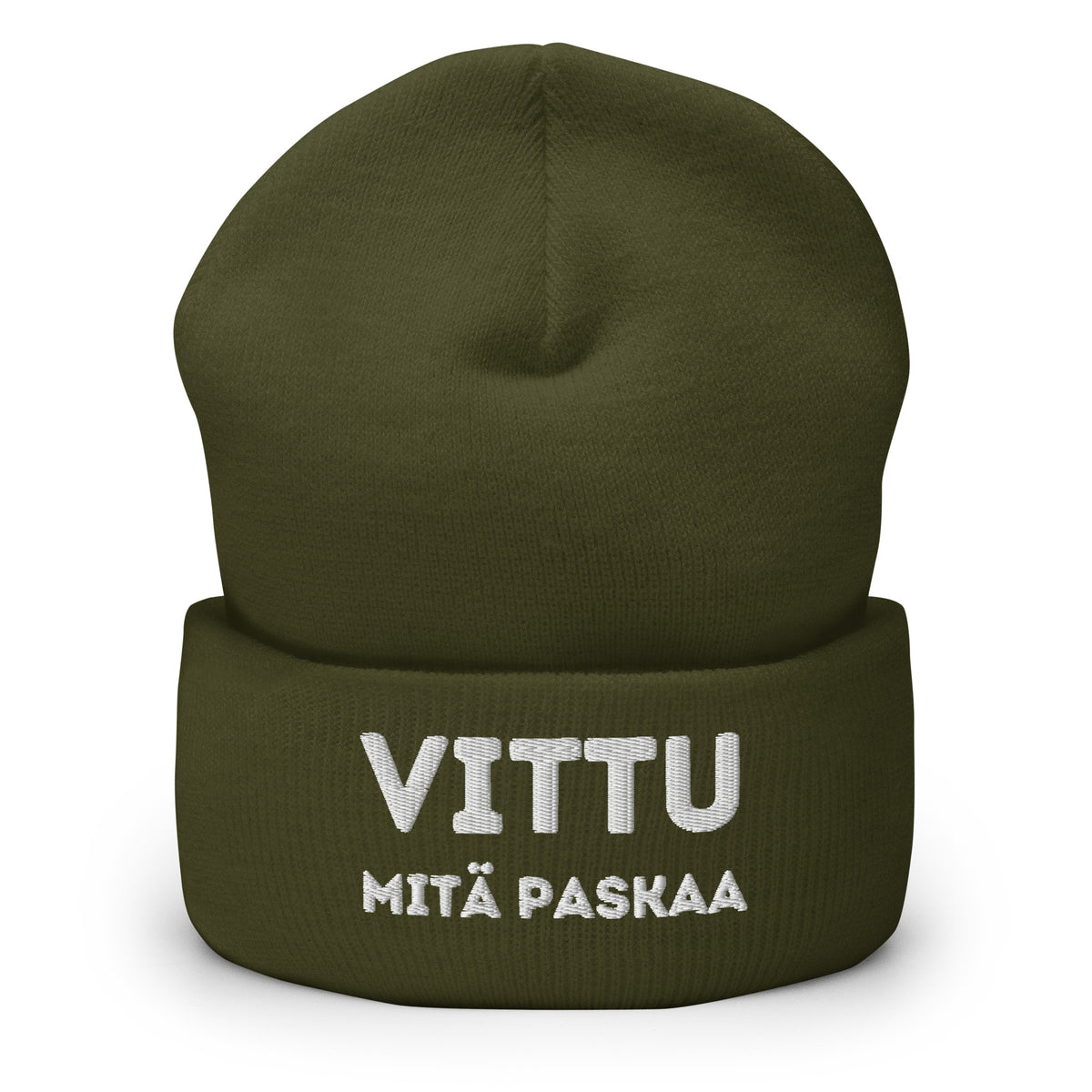 Hauska pipo tekstillä 'VITTU MITÄ PASKAA' tummanvihreänä Meemirotta merkiltä