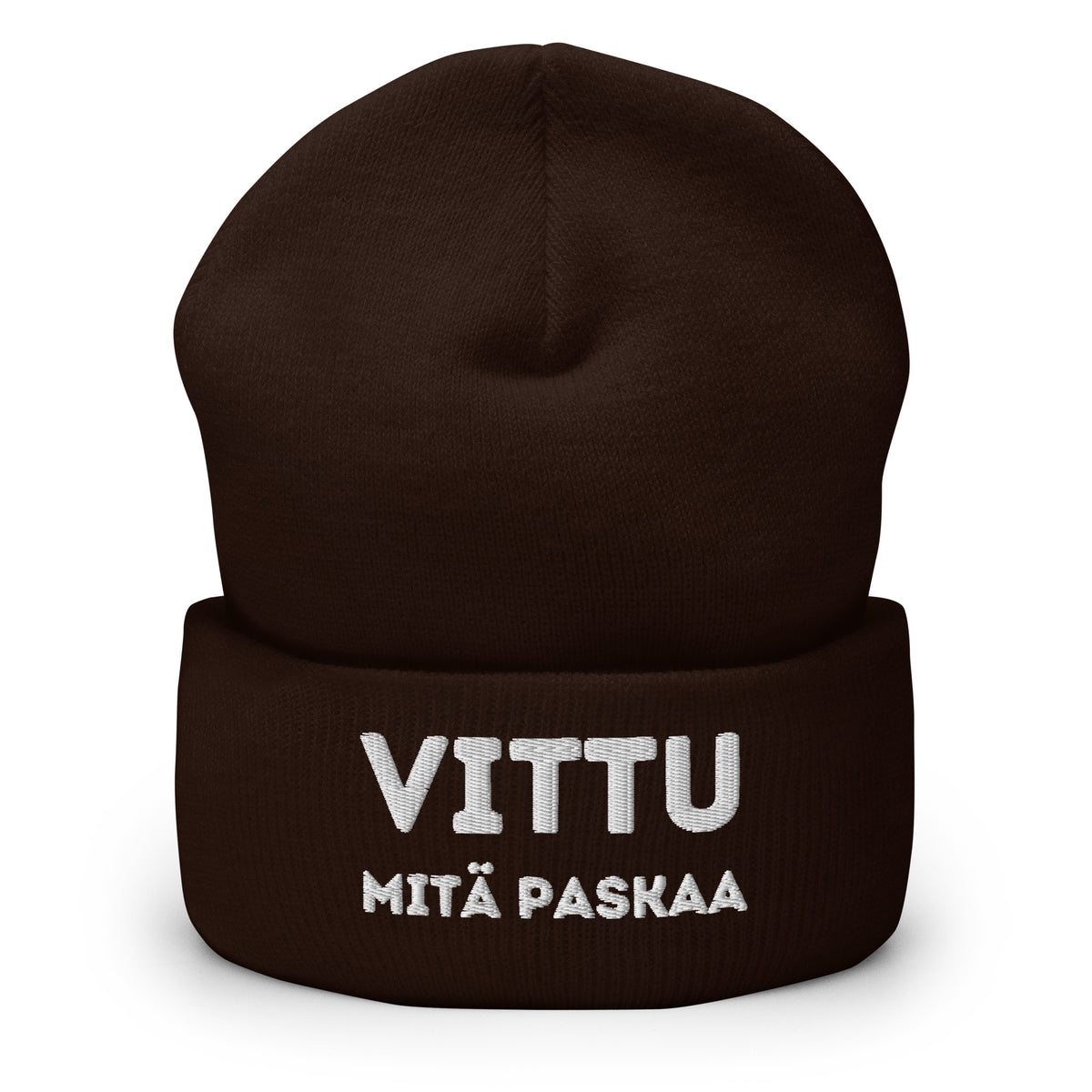Tumma hauska pipo tekstillä 'VITTU MITÄ PASKAA' Meemirotta brändiltä