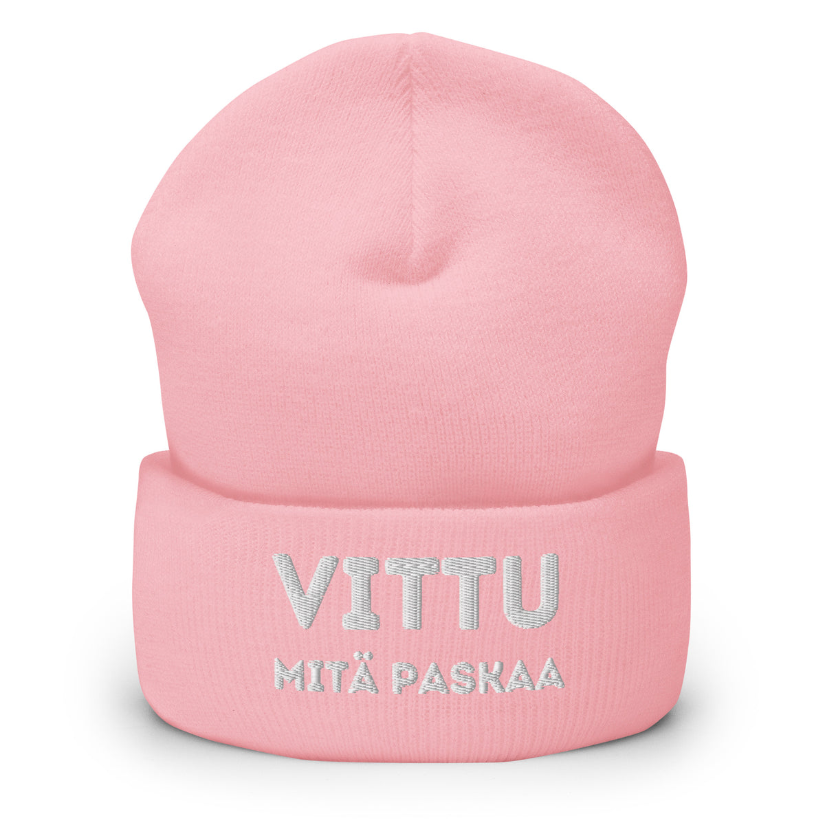 Vaaleanpunainen hauska pipo tekstillä 'VITTU MITÄ PASKAA' Meemirotta-merkillä