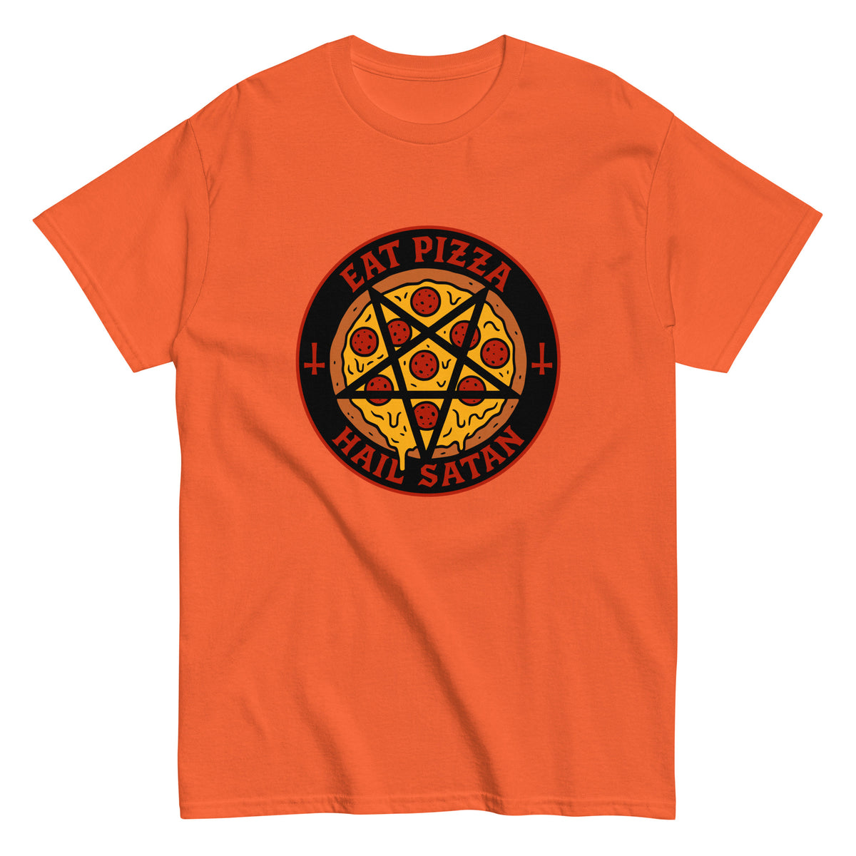Hauska pizza t-paita oranssi, jossa grafiikka pizza ja hauska teksti Eat Pizza Hail Satan