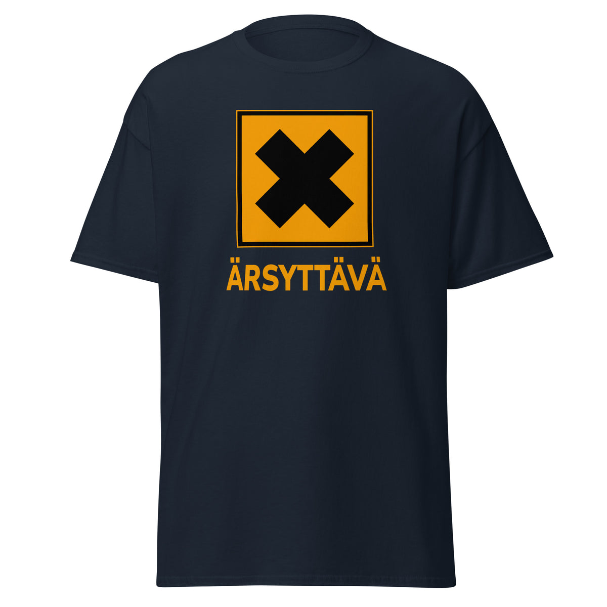 Meemirotta hauska t-paita mustalla pohjalla ja keltaisella kuvalla, jossa teksti ÄRSYTTÄVÄ