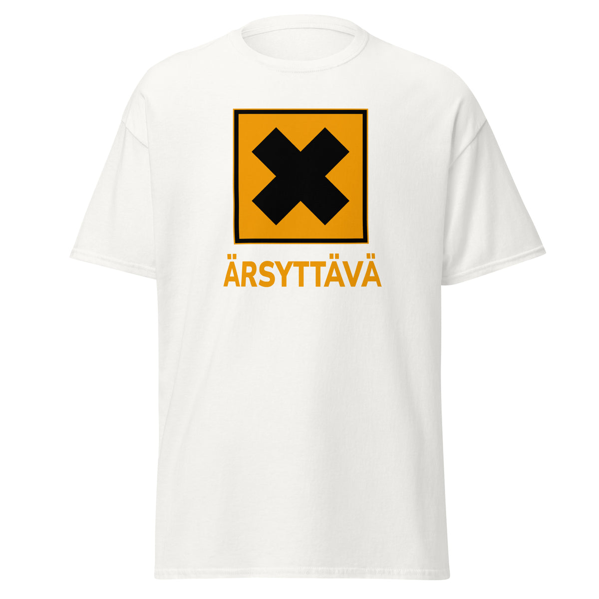 Hauska t-paita valkoisella pohjalla, jossa musta X-symboli ja teksti ärsyttävä