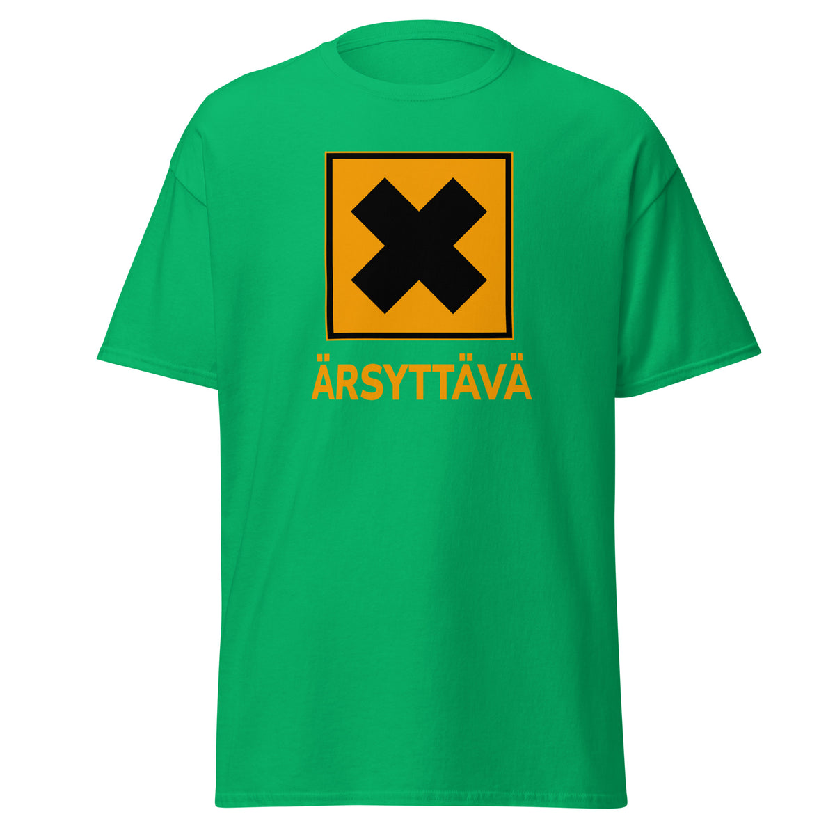 Hauska t-paita vihreänä, jossa on musta ja keltainen Ärsyttävä-signaali.