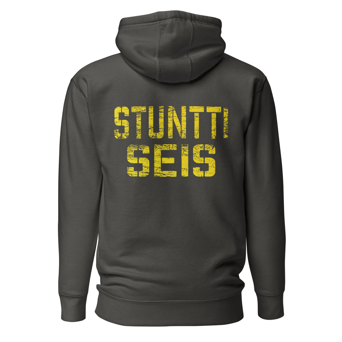 Tummanharmaa huppari selkäprintillä, jossa kirkas keltainen teksti 'STUNTTI SEIS'.