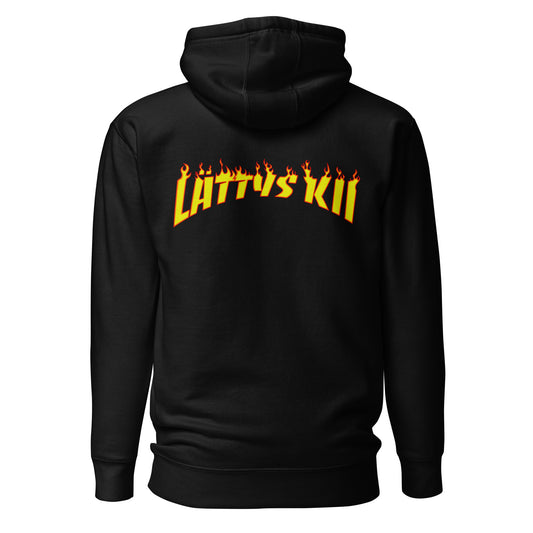 Musta huppari selkäprintillä LATTUS KII kimmeltävällä liekillä vaatteiden ystäville