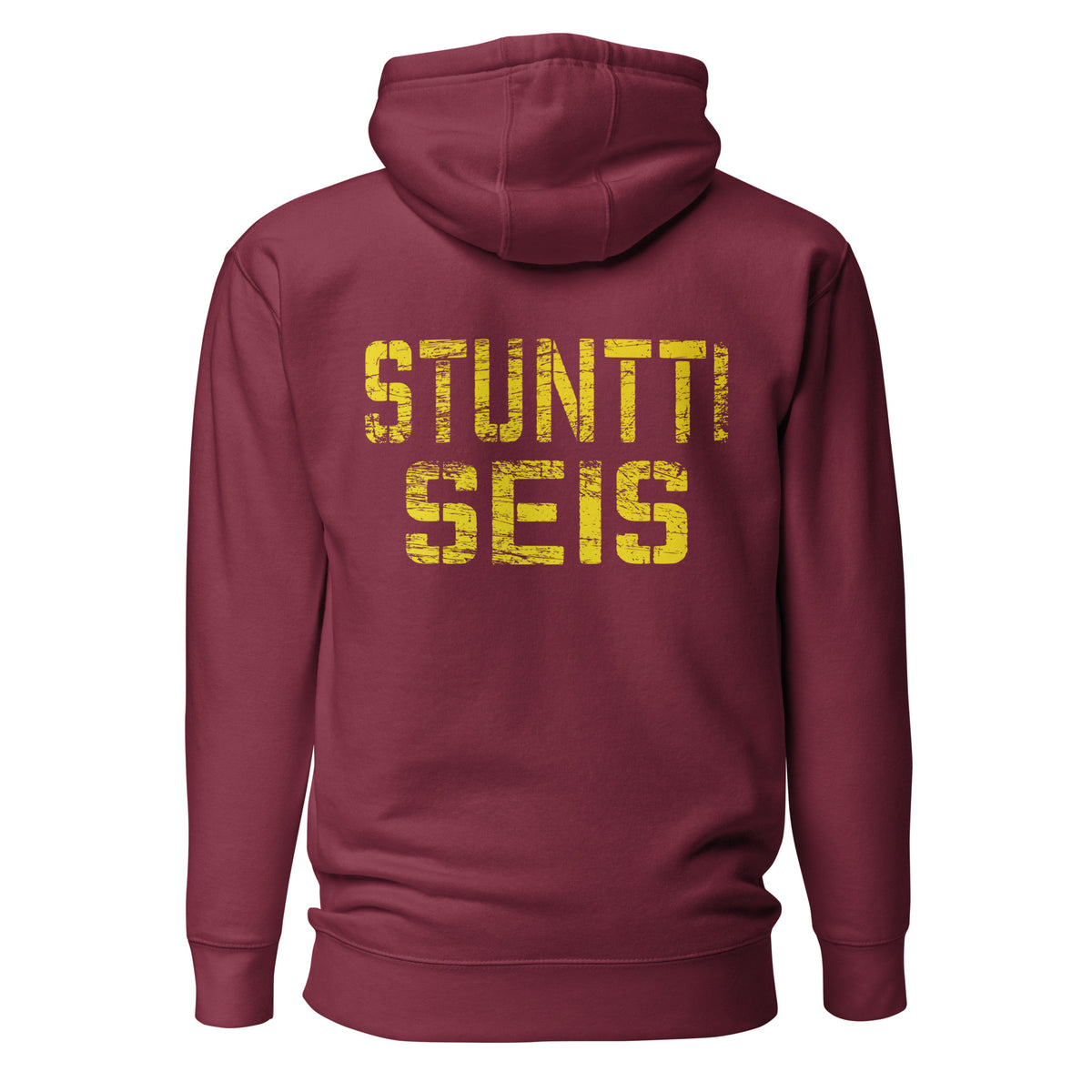 Burgundin punainen huppari selkäprintillä, jossa on teksti Stuntti Seis, mukava ja trendikäs malli.