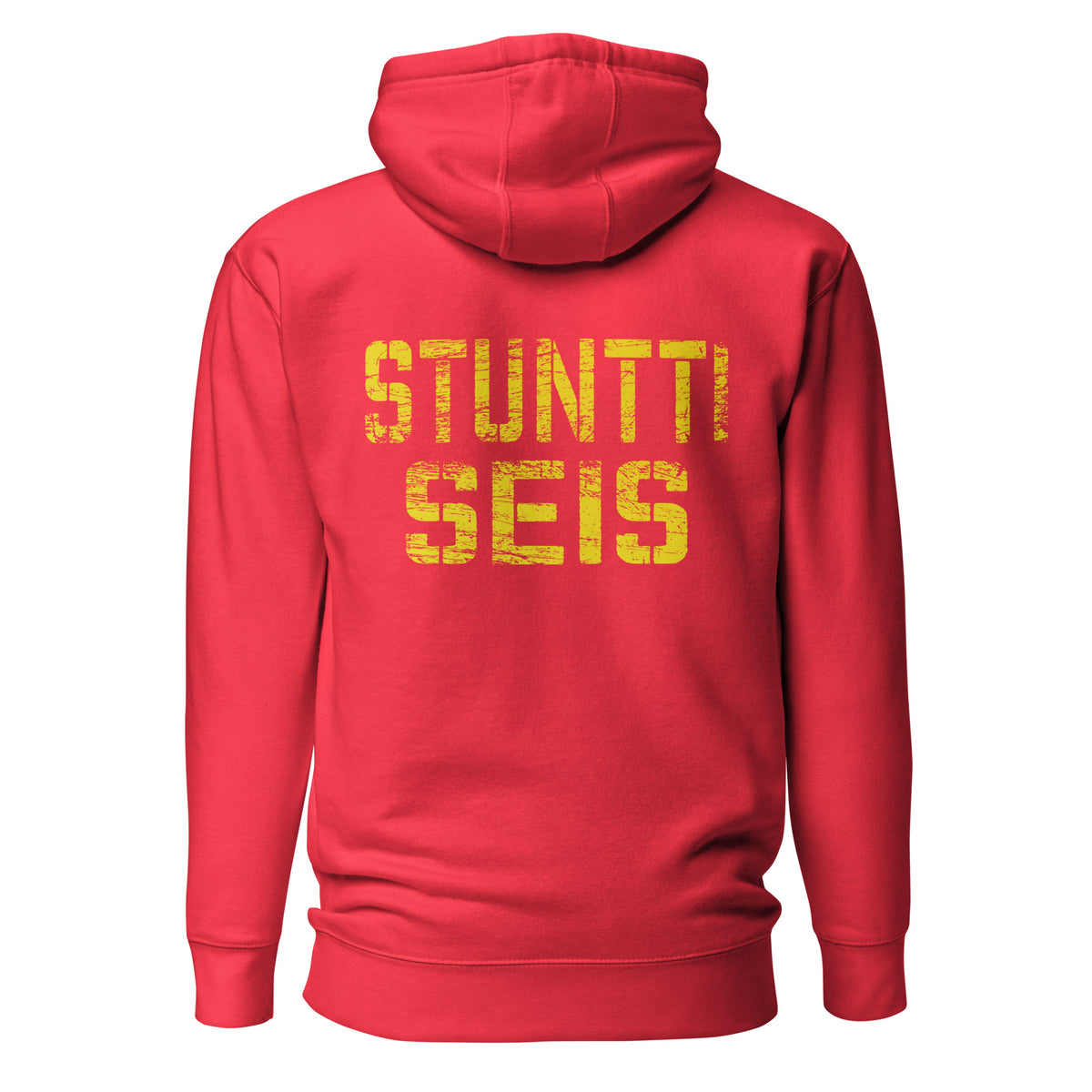 Punainen huppari selkäprintillä, jossa lukee STUNTTI SEIS, mukava ja trendikäs valinta
