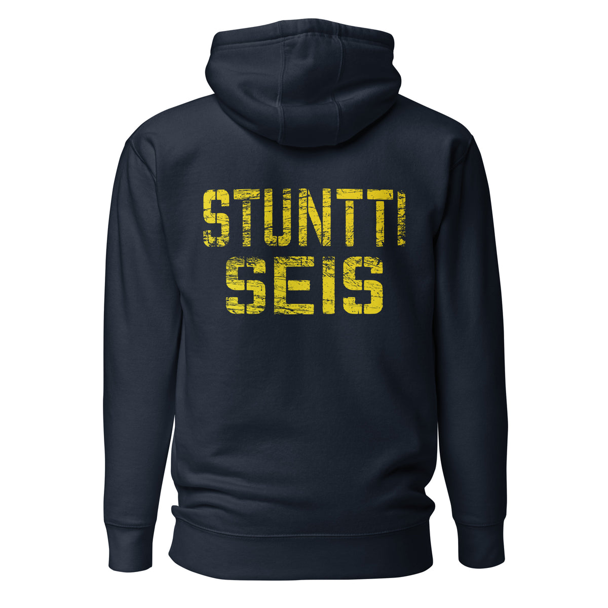 Meemirotta huppari selkäprintillä, musta takki keltaisella tekstillä STUNTTI SEIS