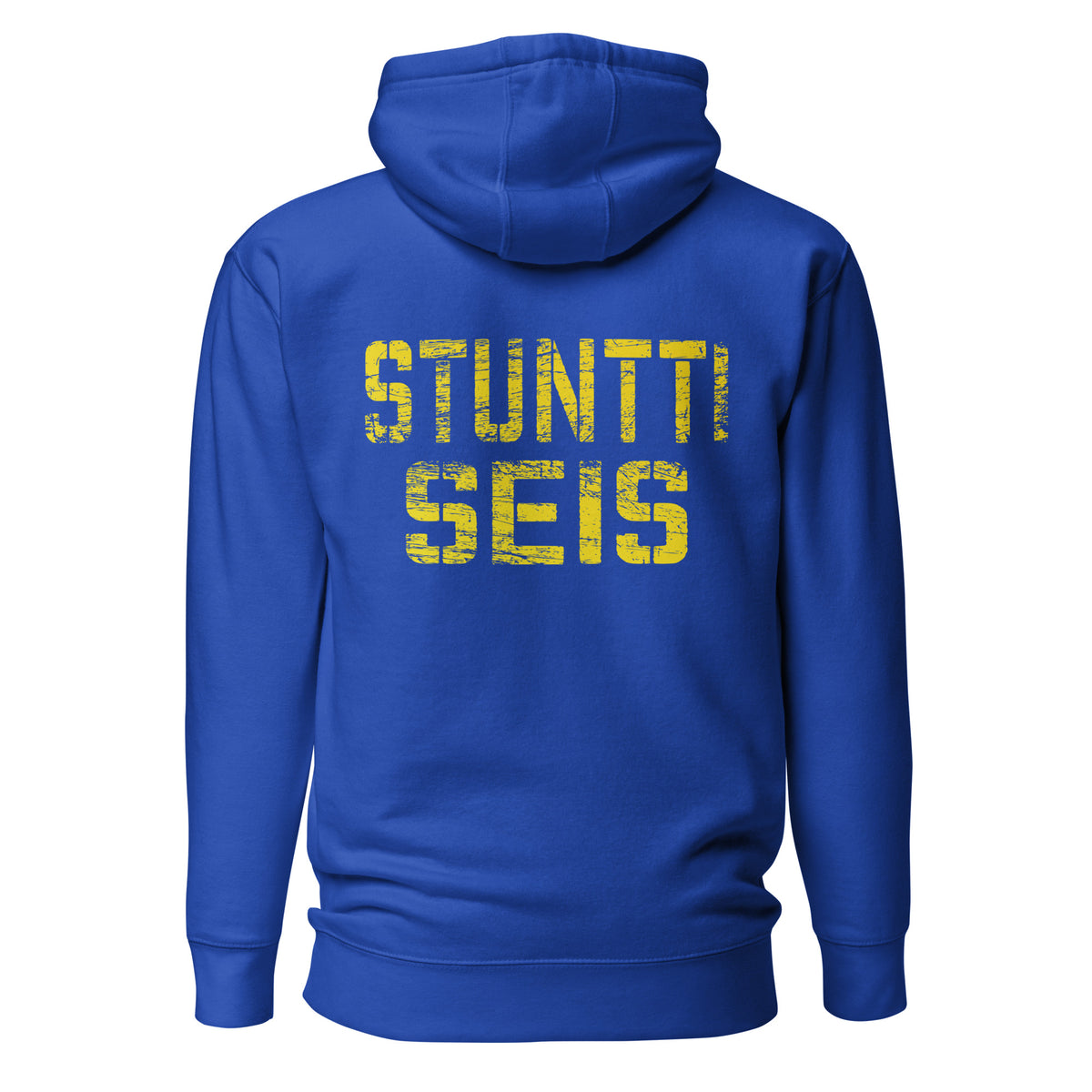 Meemirotta sininen huppari selkäprintillä, jossa keltainen teksti 'STUNTTI SEIS'.