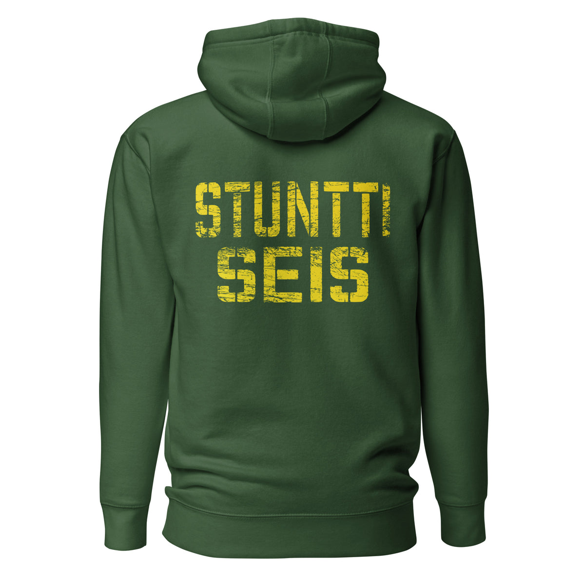 Vihreä huppari selkäprintillä, jossa on keltainen teksti STUNTTI SEIS, mukava ja tyylikäs valinta