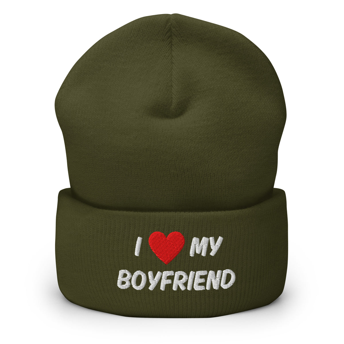 I love my boyfriend pipo oliivinvihreä merinovillalakki kauniilla valkoisella brodeerauksella