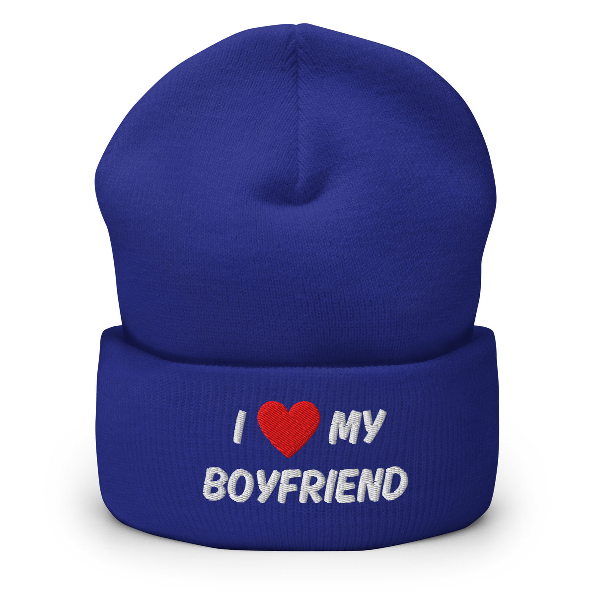 Sininen pipo, jossa on teksti I love my boyfriend, mukava ja lämmin talvikäyttöön