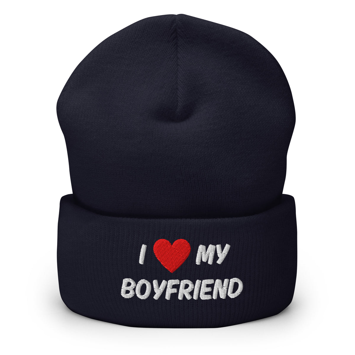 Tumma sininen I love my boyfriend pipo, jossa valkoinen ja punainen brodeeraus