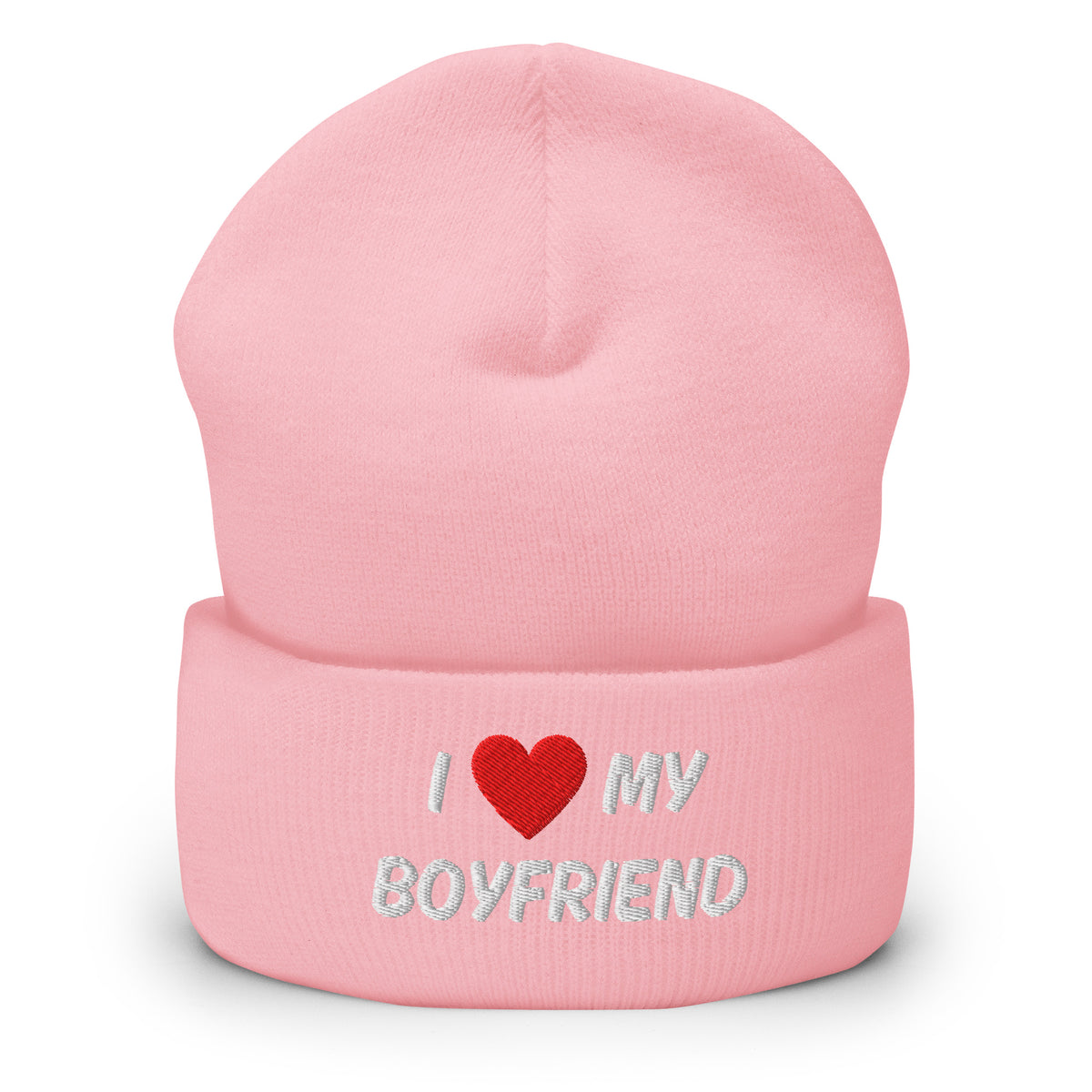 Vaaleanpunainen I love my boyfriend pipo, jossa on sydän ja näyttävä teksti