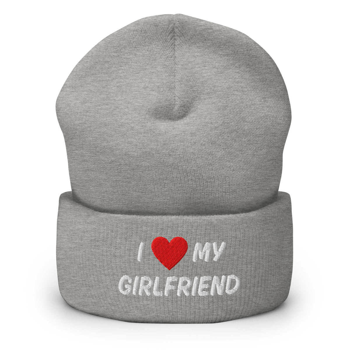 Harmaa pipo, jossa on teksti I love my girlfriend valkoisella ja punaisella ompeleella