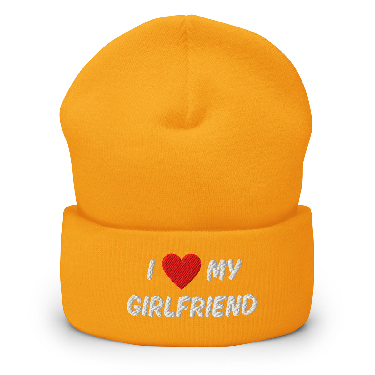 Keltainen pipo I love my girlfriend tekstillä, lämmin ja mukava lisävaruste