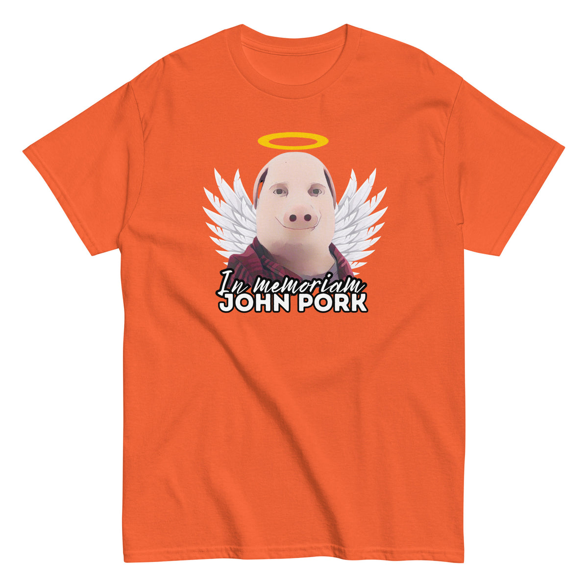 Oranssi John Pork t-paita, jossa on enkelinsiivet ja teksti In memoriam