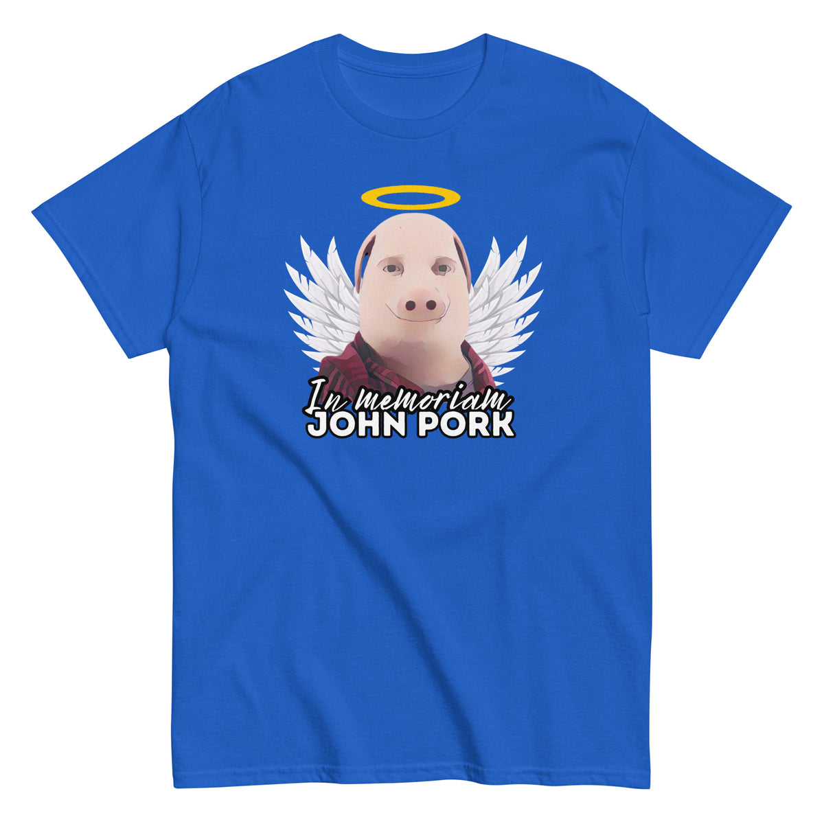 Sininen John Pork t-paita, jossa enkelin siivet ja teksti In memoriam