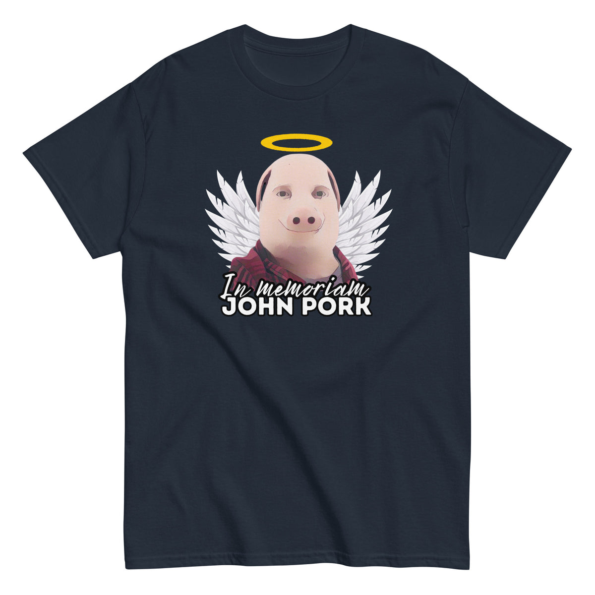 John Pork t-paita mustalla taustalla, jossa on siivet ja teksti 'I'm memorial John Pork'