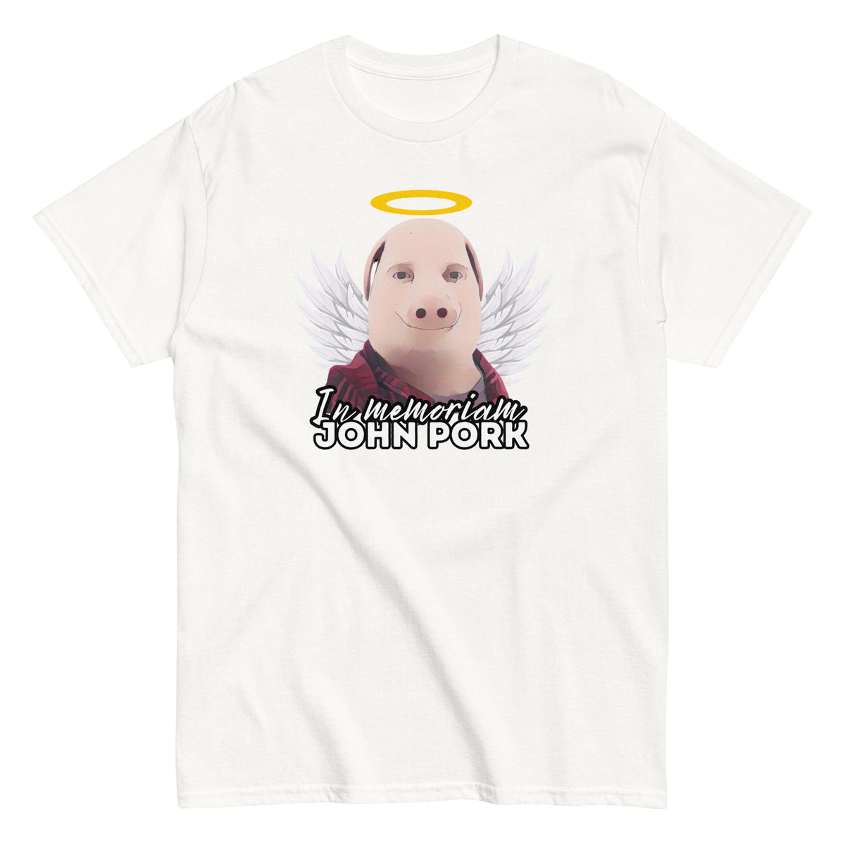 John Pork t-paita valkoisella taustalla, jossa enkelinsiivet ja teksti In memoriam