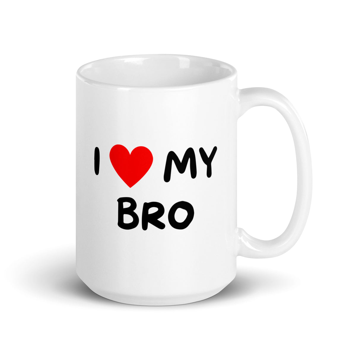 Valkoinen kahvikuppi lahjaksi, jossa teksti I love my bro ja punainen sydän